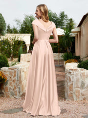 Robe en Satin à Mancherons et Col en V avec Poches Rose Perle Grande Taille