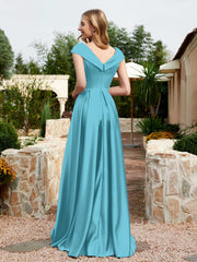 Robe en Satin à Mancherons et Col en V avec Poches Piscine Grande Taille