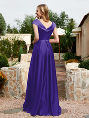 Robe en Satin à Mancherons et Col en V avec Poches Régence