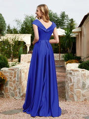 Robe en Satin à Mancherons et Col en V avec Poches Bleu Royale