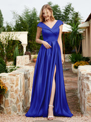Robe en Satin à Mancherons et Col en V avec Poches Bleu Royale