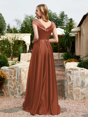 Robe en Satin à Mancherons et Col en V avec Poches Rouille Grande Taille