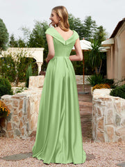 Robe en Satin à Mancherons et Col en V avec Poches Sauge Grande Taille