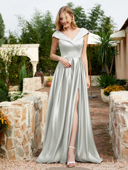 Robe en Satin à Mancherons et Col en V avec Poches Argent Grande Taille