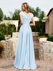 Robe en Satin à Mancherons et Col en V avec Poches Bleu Ciel