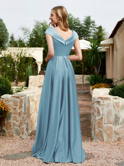 Robe en Satin à Mancherons et Col en V avec Poches Bleu de Schiste Grande Taille