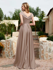 Robe en Satin à Mancherons et Col en V avec Poches Taupe Grande Taille