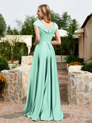 Robe en Satin à Mancherons et Col en V avec Poches Turquoise Grande Taille