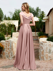 Robe en Satin à Mancherons et Col en V avec Poches Vintage Mauve