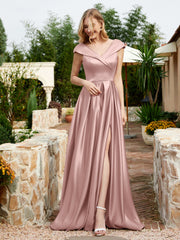 Robe en Satin à Mancherons et Col en V avec Poches Vintage Mauve
