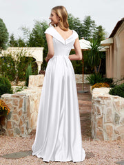 Robe en Satin à Mancherons et Col en V avec Poches Blanc