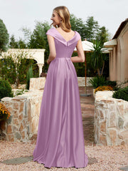 Robe en Satin à Mancherons et Col en V avec Poches Glycine