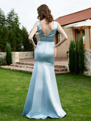 Robe en Satin à Col en V Plongeant avec Fente Brume