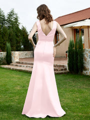 Robe en Satin à Col en V Plongeant avec Fente Rose Pâle