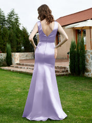 Robe en Satin à Col en V Plongeant avec Fente Lavande