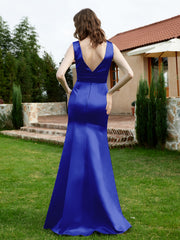 Robe en Satin à Col en V Plongeant avec Fente Bleu Royale
