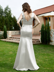 Robe en Satin à Col en V Plongeant avec Fente Argent Grande Taille