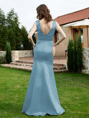 Robe en Satin à Col en V Plongeant avec Fente Bleu de Schiste