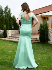 Robe en Satin à Col en V Plongeant avec Fente Turquoise