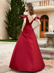 Robe en Satin à Manches Flottantes Hors de l'Épaule avec Poches Bordeaux