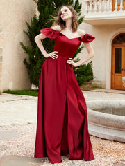 Robe en Satin à Manches Flottantes Hors de l'Épaule avec Poches Bordeaux