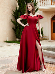 Robe en Satin à Manches Flottantes Hors de l'Épaule avec Poches Bordeaux
