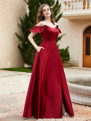 Robe en Satin à Manches Flottantes Hors de l'Épaule avec Poches Bordeaux