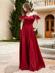 Robe en Satin à Manches Flottantes Hors de l'Épaule avec Poches Bordeaux