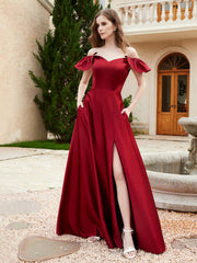 Robe en Satin à Manches Flottantes Hors de l'Épaule avec Poches Bordeaux