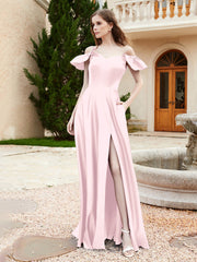 Robe en Satin à Manches Flottantes Hors de l'Épaule avec Poches Rose Pâle Grande Taille