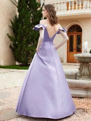 Robe en Satin à Manches Flottantes Hors de l'Épaule avec Poches Lavande