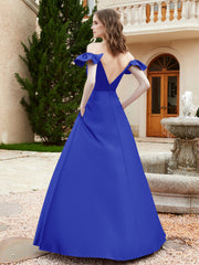 Robe en Satin à Manches Flottantes Hors de l'Épaule avec Poches Bleu Royale Grande Taille