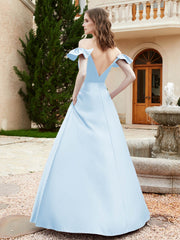 Robe en Satin à Manches Flottantes Hors de l'Épaule avec Poches Bleu Ciel
