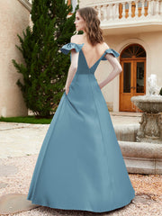 Robe en Satin à Manches Flottantes Hors de l'Épaule avec Poches Bleu de Schiste Grande Taille
