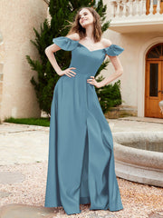 Robe en Satin à Manches Flottantes Hors de l'Épaule avec Poches Bleu de Schiste Grande Taille