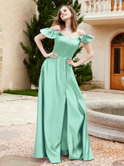 Robe en Satin à Manches Flottantes Hors de l'Épaule avec Poches Turquoise Grande Taille
