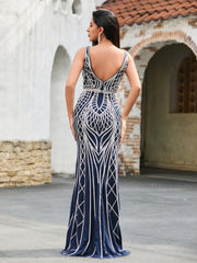 Maxi Robe à Col en V avec Motif Diamant Bleu Marine