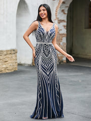 Maxi Robe à Col en V avec Motif Diamant Bleu Marine