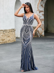 Maxi Robe à Col en V avec Motif Diamant Bleu Marine