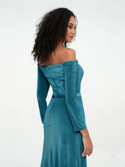 Robes en Velours à Manches Longues à Hors de l'Epaule Bleu Encre