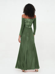 Robes en Velours à Manches Longues à Hors de l'Epaule Olive Verte