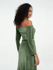 Robes en Velours à Manches Longues à Hors de l'Epaule Olive Verte