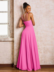 Robe Demoiselle d'Honneur Mousseline à Col Licou Longueur au Sol Azalée