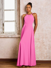Robe Demoiselle d'Honneur Mousseline à Col Licou Longueur au Sol Azalée