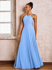 Robe Demoiselle d'Honneur Mousseline à Col Licou Longueur au Sol Bleu