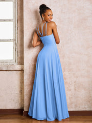 Robe Demoiselle d'Honneur Mousseline à Col Licou Longueur au Sol Bleu
