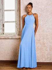 Robe Demoiselle d'Honneur Mousseline à Col Licou Longueur au Sol Bleu