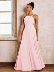 Robe Demoiselle d'Honneur Mousseline à Col Licou Longueur au Sol Rose Pâle