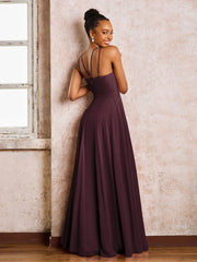 Robe Demoiselle d'Honneur Mousseline à Col Licou Longueur au Sol Cabernet