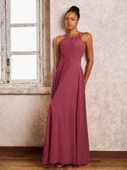 Robe Demoiselle d'Honneur Mousseline à Col Licou Longueur au Sol Cannelle Rose